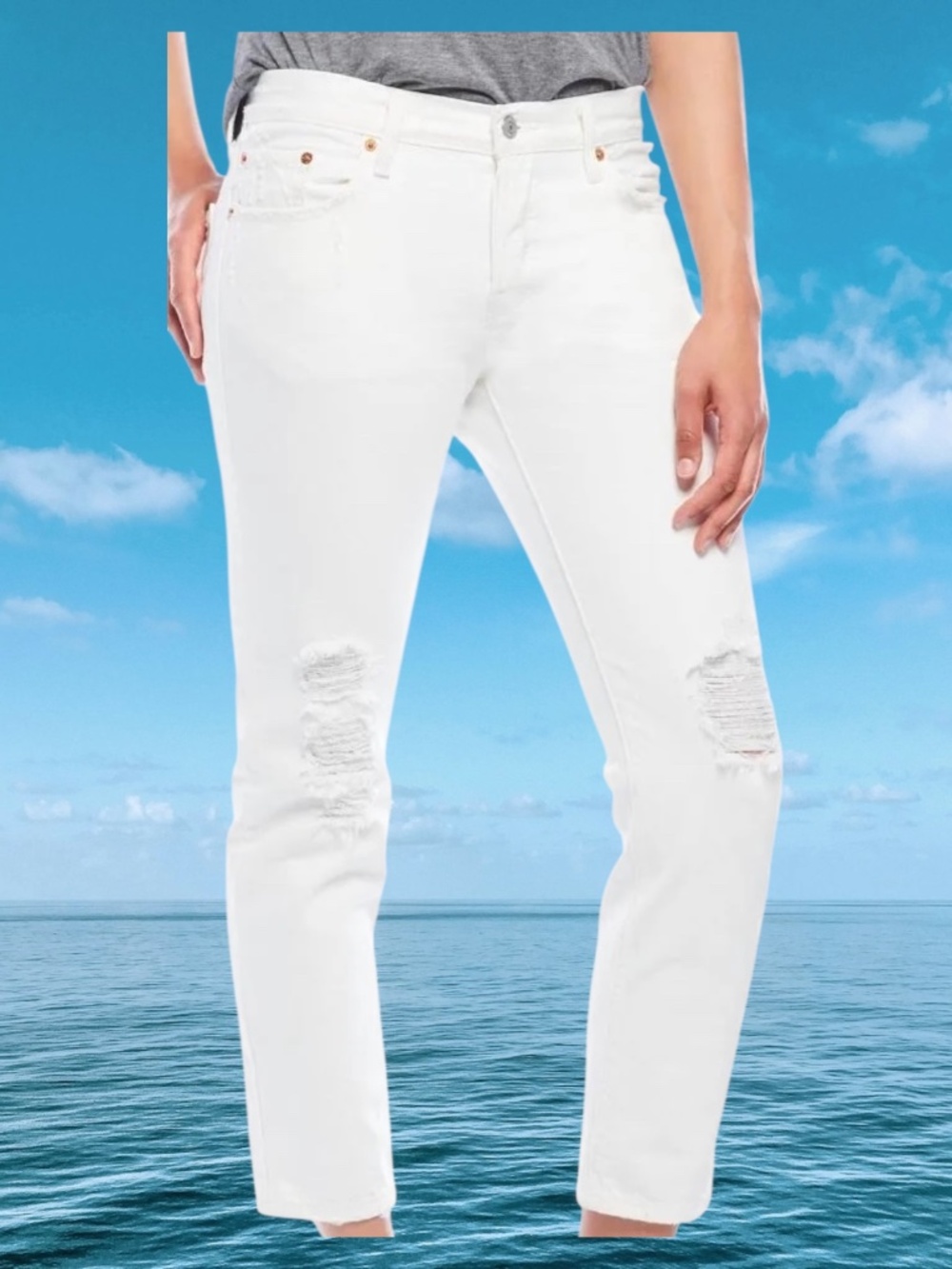 LEVI'S 501 CT Boyfriend Jeans Off White Button Fly Factory Destruct NICE 28x32